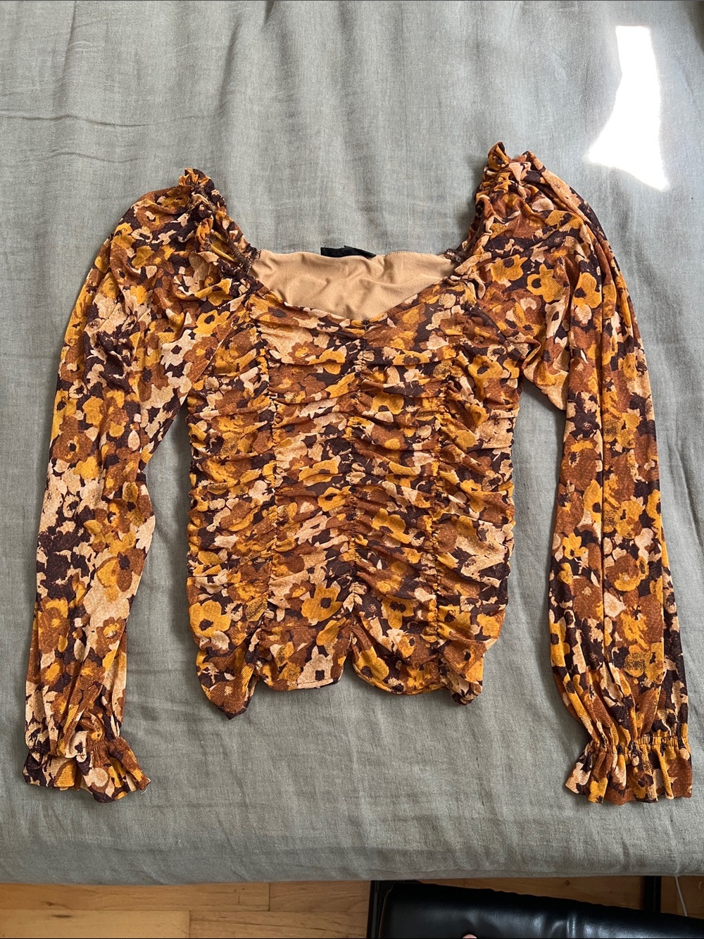 Women’s Floral Ruched Long-Sleeve Top - Brown/Gold